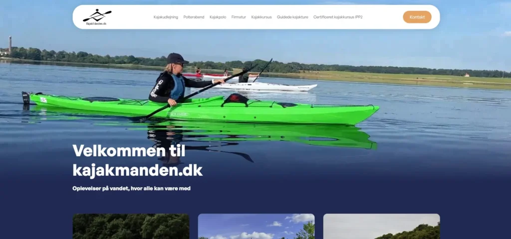 Kajakmanden hjemmeside forside med grøn kajak og vandoplevelser udviklet af GreenWebdesign