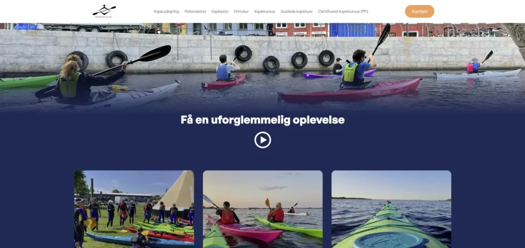 Skærmbillede af Kajakmanden hjemmeside med kajak oplevelser og kurser i København