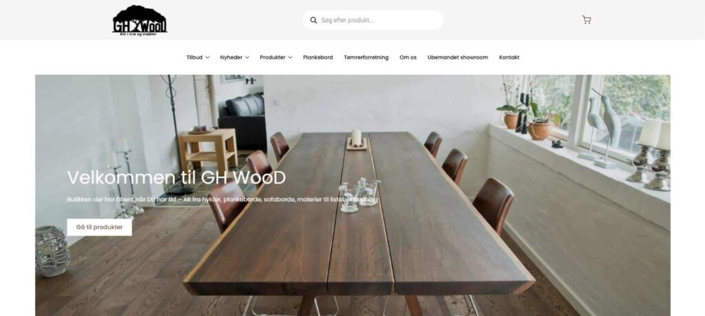 Forsiden på ghwood.dk med plankebord